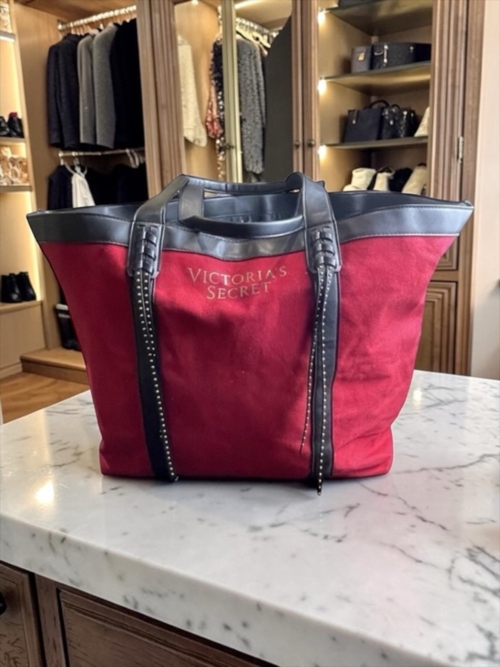 Victoria's Secret Large Tote Bag Red Canvas Black Trim Bronze Studs New 23" x 13 - Picture 1 of 7